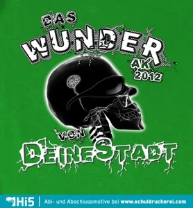 Ein grafisches Design mit einem schwarzen Totenkopf und dem Text "Das Wunder von Deiner Stadt AK 2012" auf grünem Hintergrund.