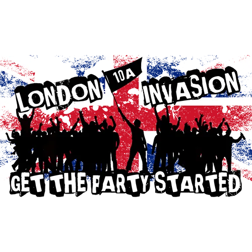 Grafik mit britischer Flagge, Silhouetten einer feiernden Menge und Text "London 10A Invasion Get The Party Started".