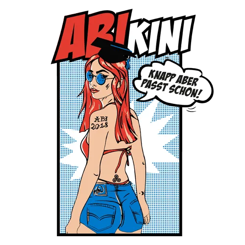 Illustration einer rothaarigen Frau mit Diplomhut, Brille und Bikini, die neben dem Text "ARIKINI" steht.