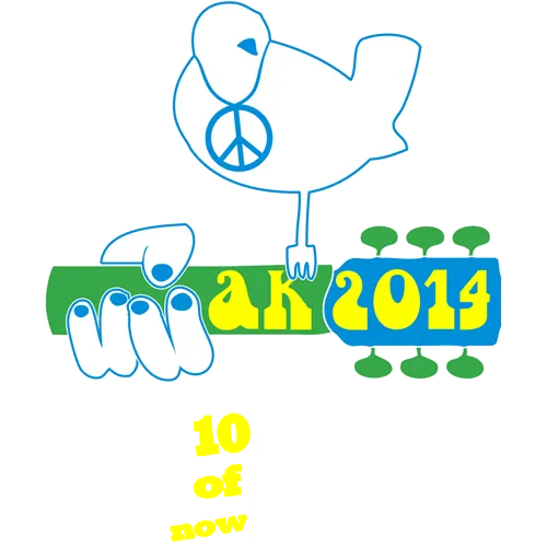 Grafik auf lila Hintergrund: Taube, Friedenssymbol, Handabdruck, Text "Abi 2014", "10 Years of Stress Now Peace".