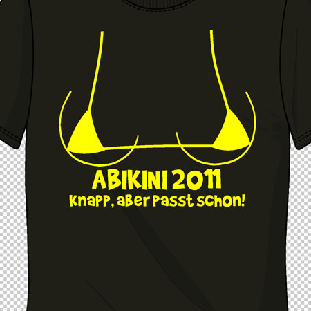 Schwarzes T-Shirt mit gelbem Bikini-Grafik und Text "ABIKINI 20M knapp, aber passt schon!".