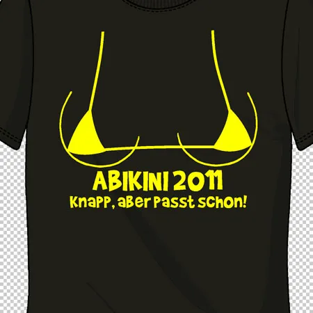 Schwarzes T-Shirt mit gelbem Bikini-Grafik und Text "ABIKINI 20M knapp, aber passt schon!".