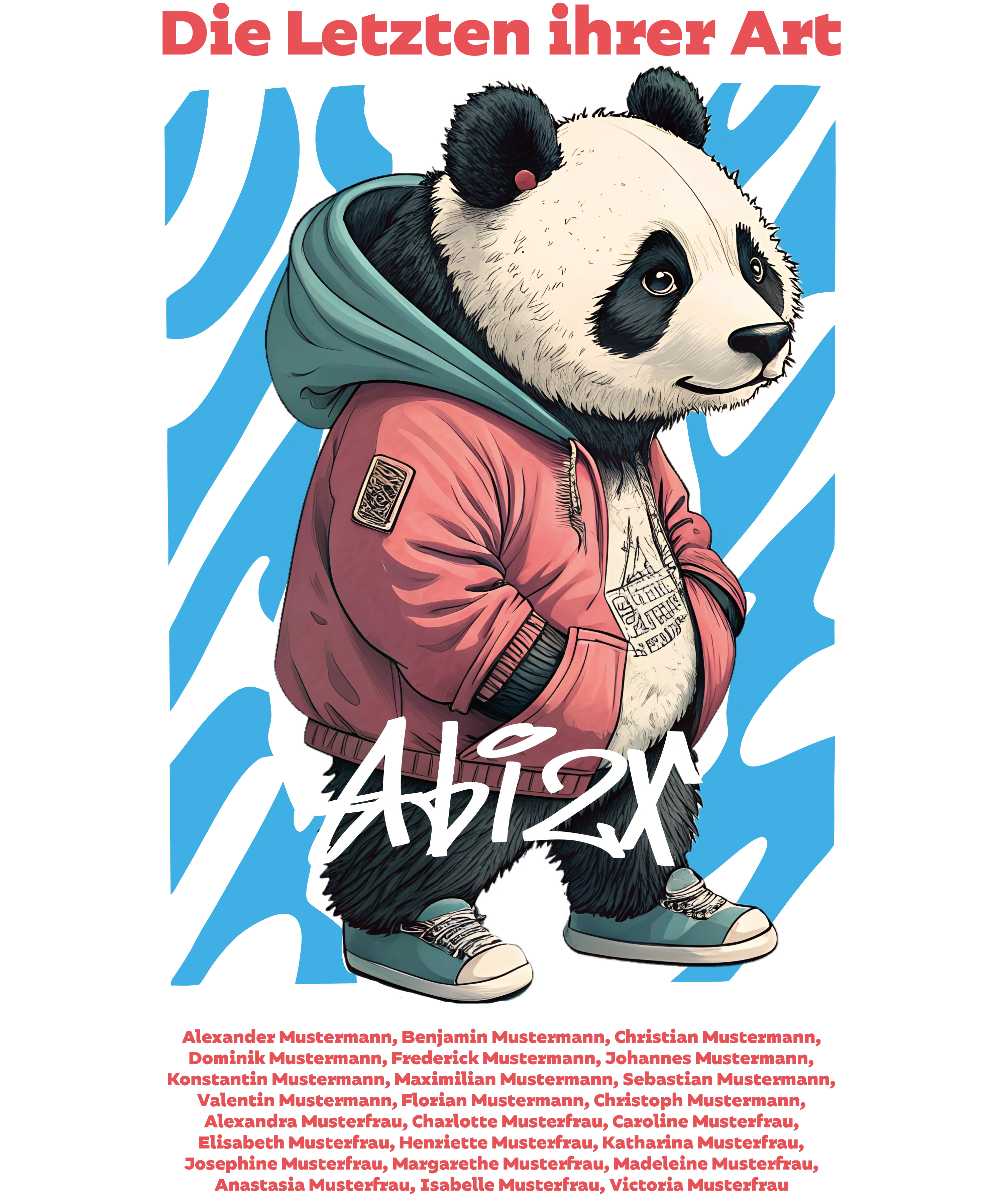 Panda mit pinker Kapuzenjacke und blauen Sneakers vor blauem Zebramuster hintergrund roter Titel oben weisser Graffiti Schriftzug