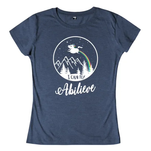 Design eines fliegenden Einhorns über Bergen mit der Aufschrift "I can fly Abiilieve".