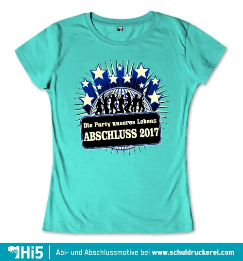 Illustration eines Abschluss-T-Shirts mit Tanzenden, Sternen und Text 'Die Party unseres Lebens ABSCHLUSS 2017'.