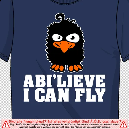 Blauer T-Shirt mit einem Cartoon einer Eule und dem Text "ABI'LIEVE I CAN FLY" darauf.