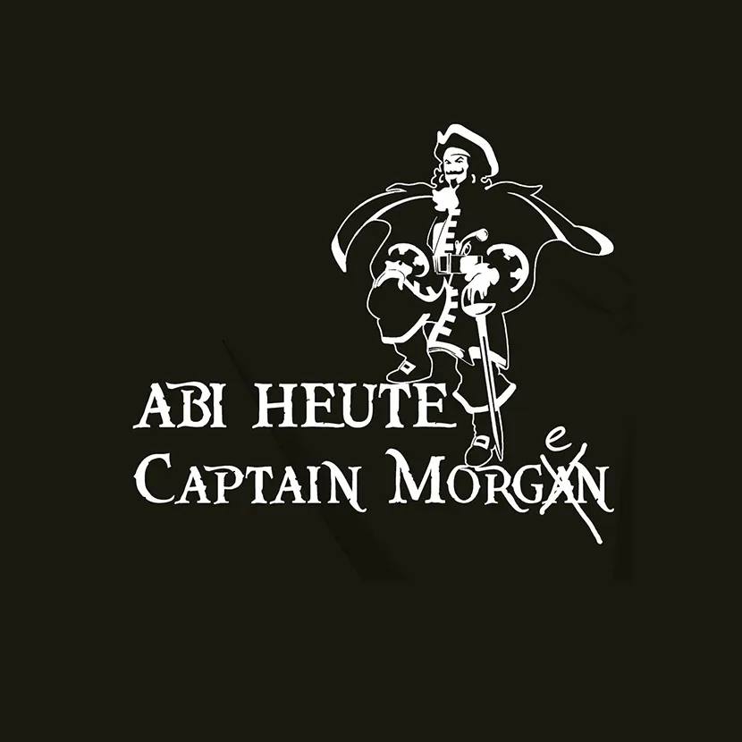 Weißes Grafikdesign von Captain Morgan auf schwarzem Hintergrund mit Text "Abi Heute Captain Morgan".
