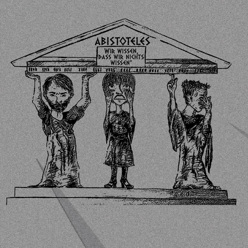 abistoteles_stilisierte_darstellung Drei stilisierte Figuren tragen ein Tempeldach mit der Inschrift "ABISTOTELES - WIR WISSEN, DASS WIR NICHTS WISSEN".
