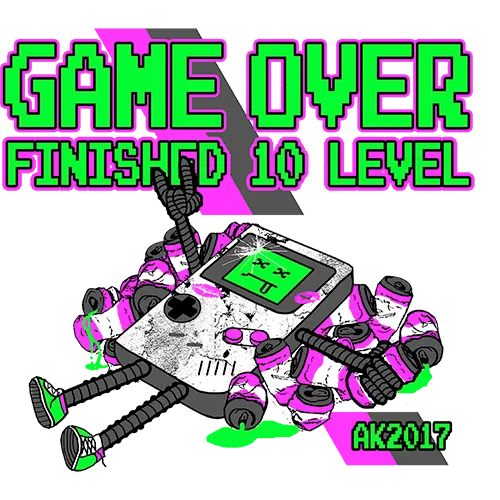 Illustration eines Roboters mit Game-Over-Bildschirm, der zehn Level abgeschlossen hat.