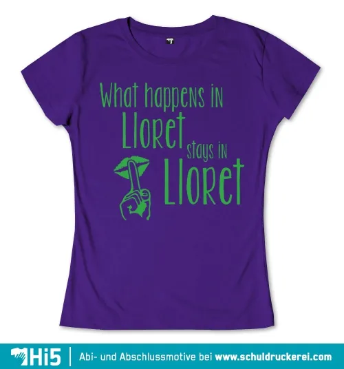 Illustration mit Text "What happens in Lloret stays in Lloret" und einem stilisierten Finger mit Lippen.