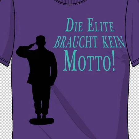 Violette T-Shirt mit der Silhouette eines salutierenden Mannes und dem Spruch "Die Elite braucht kein Motto!" in türkiser Schrift.