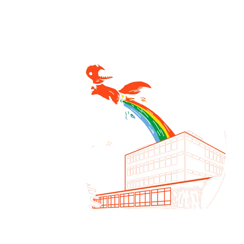 Ein stilisierter bunter Vogel fliegt aus einem modernen Gebäude, hinterlässt eine bunte Spur.