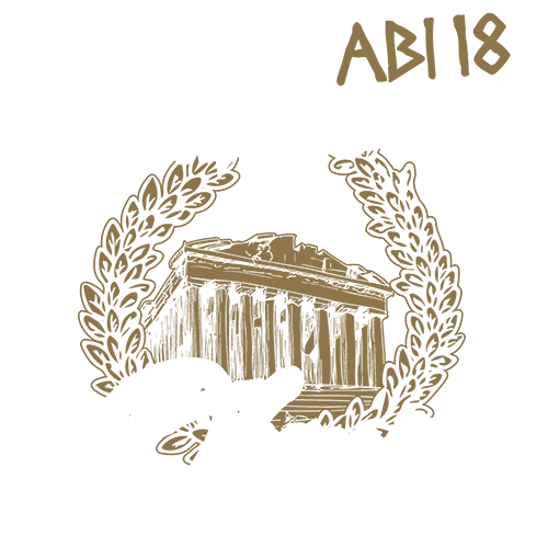 Grafik eines klassischen Tempels mit Lorbeerkranz auf schwarzem Hintergrund, Text "Die Götter verlassen den Olymp AB18".