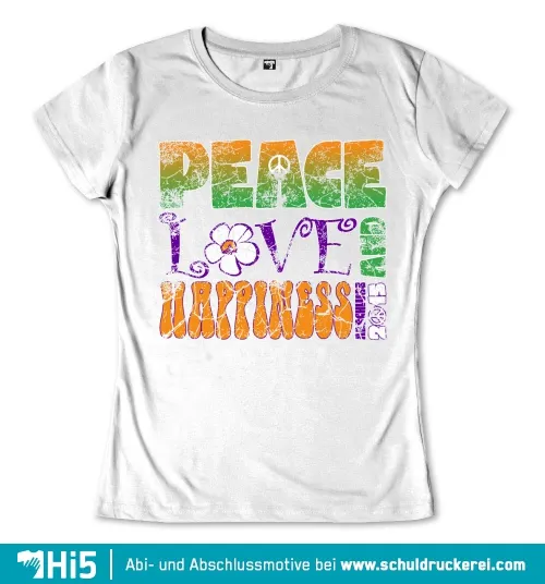 Bunte Worte "Peace", "Love", "Happiness" in Großbuchstaben mit dekorativen Elementen.