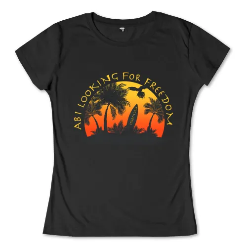 Sonnenuntergang mit Palmen und Vogel im Kreis, Text "ABI LOOKING FOR FREEDOM ABI 2018".