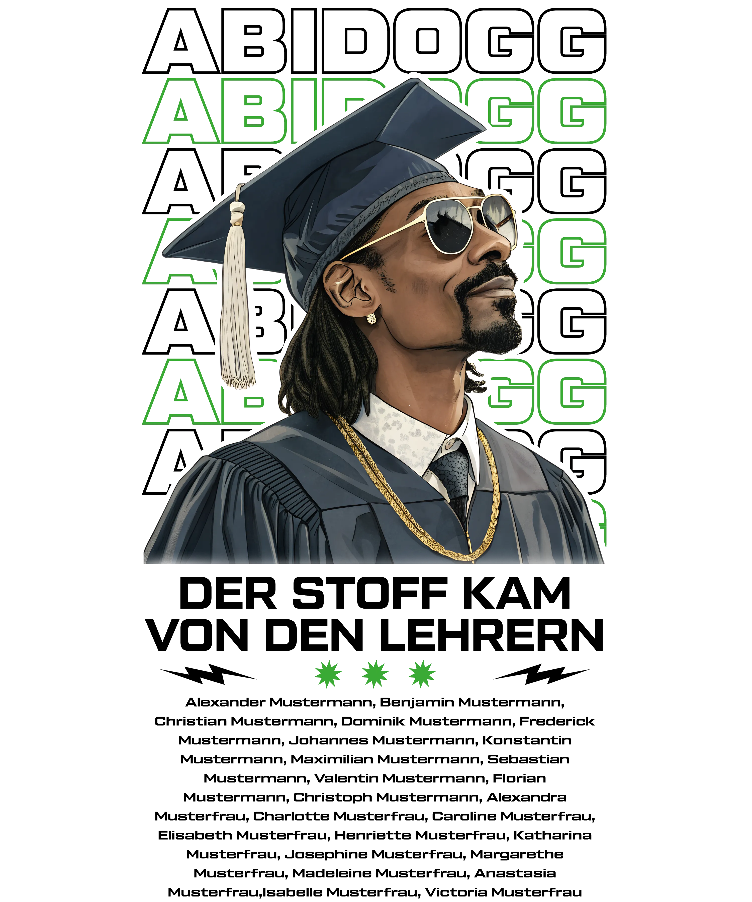 Mann in Abschlussmutze und Robe traegt Sonnenbrille und Goldkette vor schwarzem Hintergrund mit gruen konturiertem Schriftzug