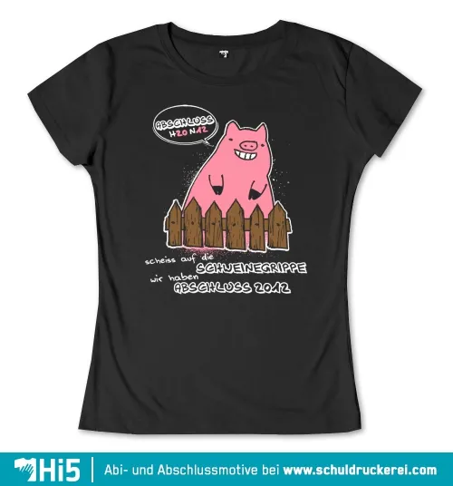 Illustration eines rosa Schweins über einem Zaun, Titel "Abschluss 2024" und Text "Scheiss auf die Schweinegrippe".