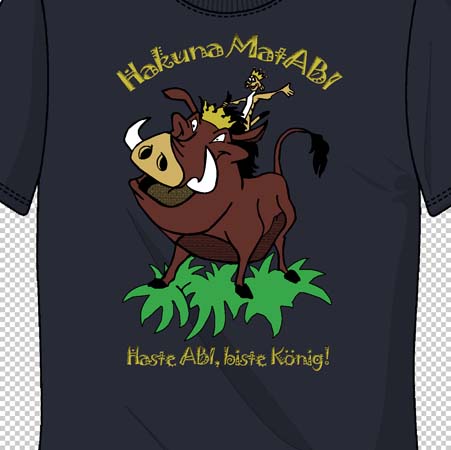 Graues T-Shirt mit Cartoon-Aufdruck von Timon reitend auf Pumbaa, umgeben von Grün, mit Text "Hakuna Matata! Haste ABI, haste König!"
