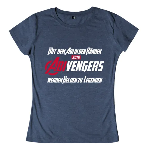 Dunkelblaues Shirt mit Text "Mit dem Abi in den Händen 2018, AbiVengers werden Helden zu Legenden".