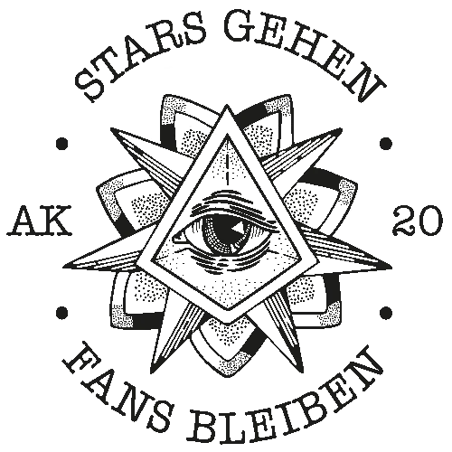 Grafik mit zentralem Auge, umgeben von sternförmigen Elementen und Text "STARS GEHEN FANS BLEIBEN"