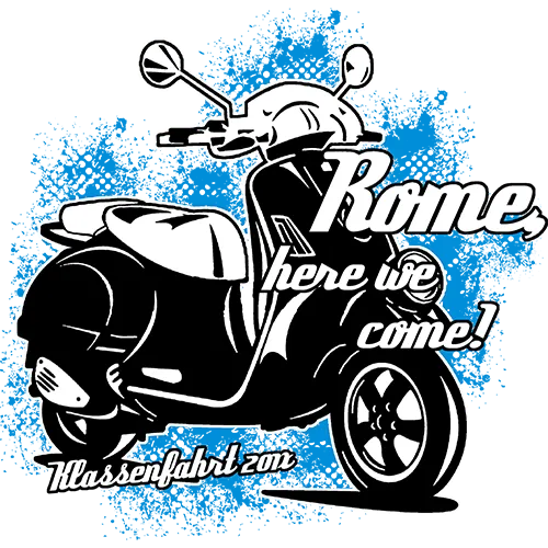 Illustration eines schwarzen Rollers auf türkisfarbenem Hintergrund mit dem Text "Rome here we come!"