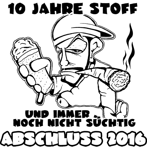 Illustration einer Figur mit Helm, die eine Wurst und ein Eis hält, mit Text "10 Jahre Stoff".