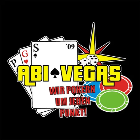 Design mit Spielkarten, Pokerchips und Würfeln, Text "Abi Vegas - Wir pokern um jeden Punkt!"