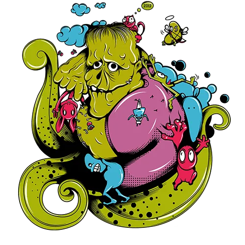 Illustration eines großen, bunten Monsters inmitten kleinerer Charaktere auf blauem Hintergrund.