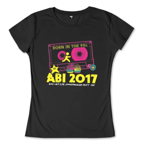 Schwarzes T-Shirt-Design mit einer bunten Kassette, "Born in the 90s", "ABI 2017" und Berliner Skyline.