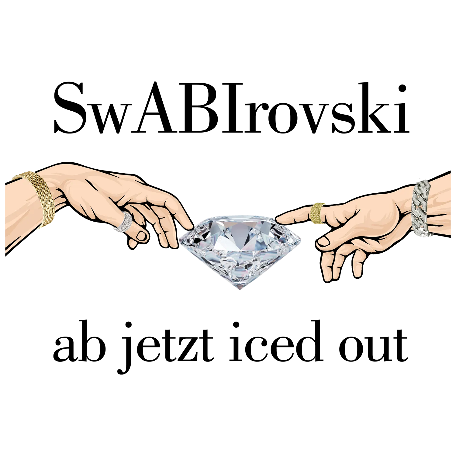 Zwei Hände mit goldenen Armbändern, die einen großen Diamanten halten.