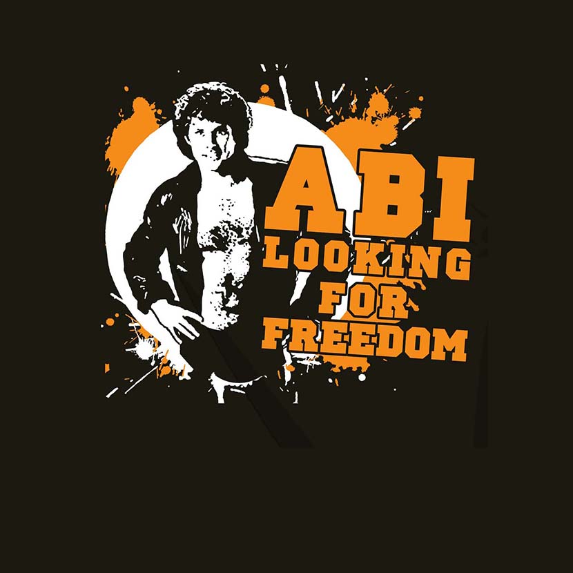 Grafik mit dem Text "ABI LOOKING FOR FREEDOM" in orange, weißer Halbkreis und Silhouette einer Person.