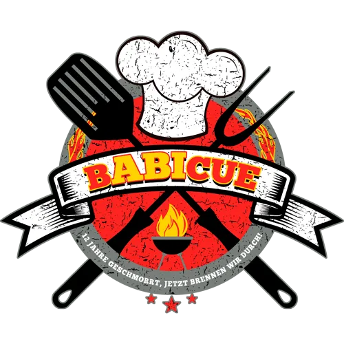 Illustration eines Kochs in rotem Hemd mit Grillzubehör und dem Wort 'BABICUE'.