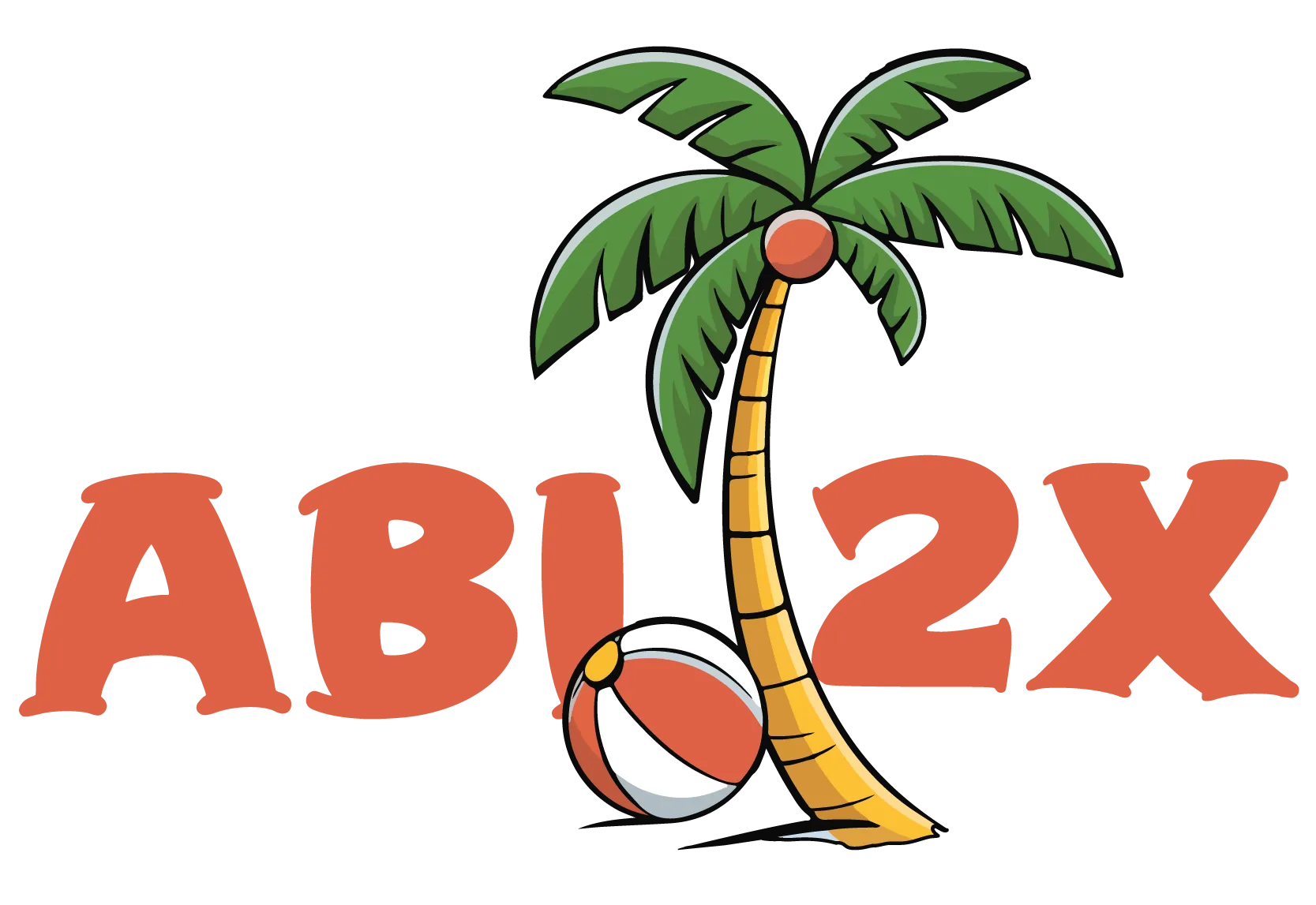 Logo mit roter Aufschrift ABI2X neben gelbbraunem Palmenstamm grüne Palmenblätter und rot weiss gestreiftem Strandball