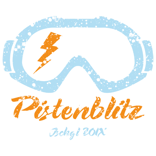 Illustration von weißen Skibrillen auf schwarzem Hintergrund, Text "Pistenblitz" und "Jahrgang 20XX" in Gelb.