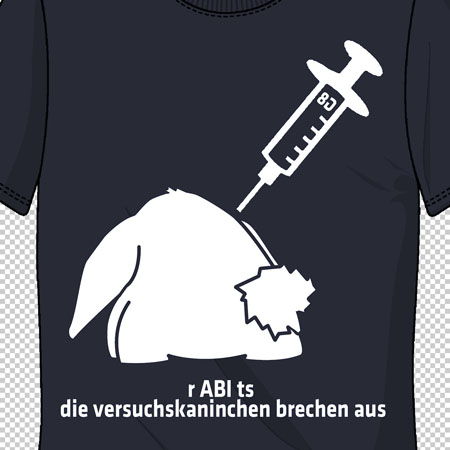 Ein T-Shirt mit einem weißen Kaninchen und einer Spritze darauf, sowie Text unten.