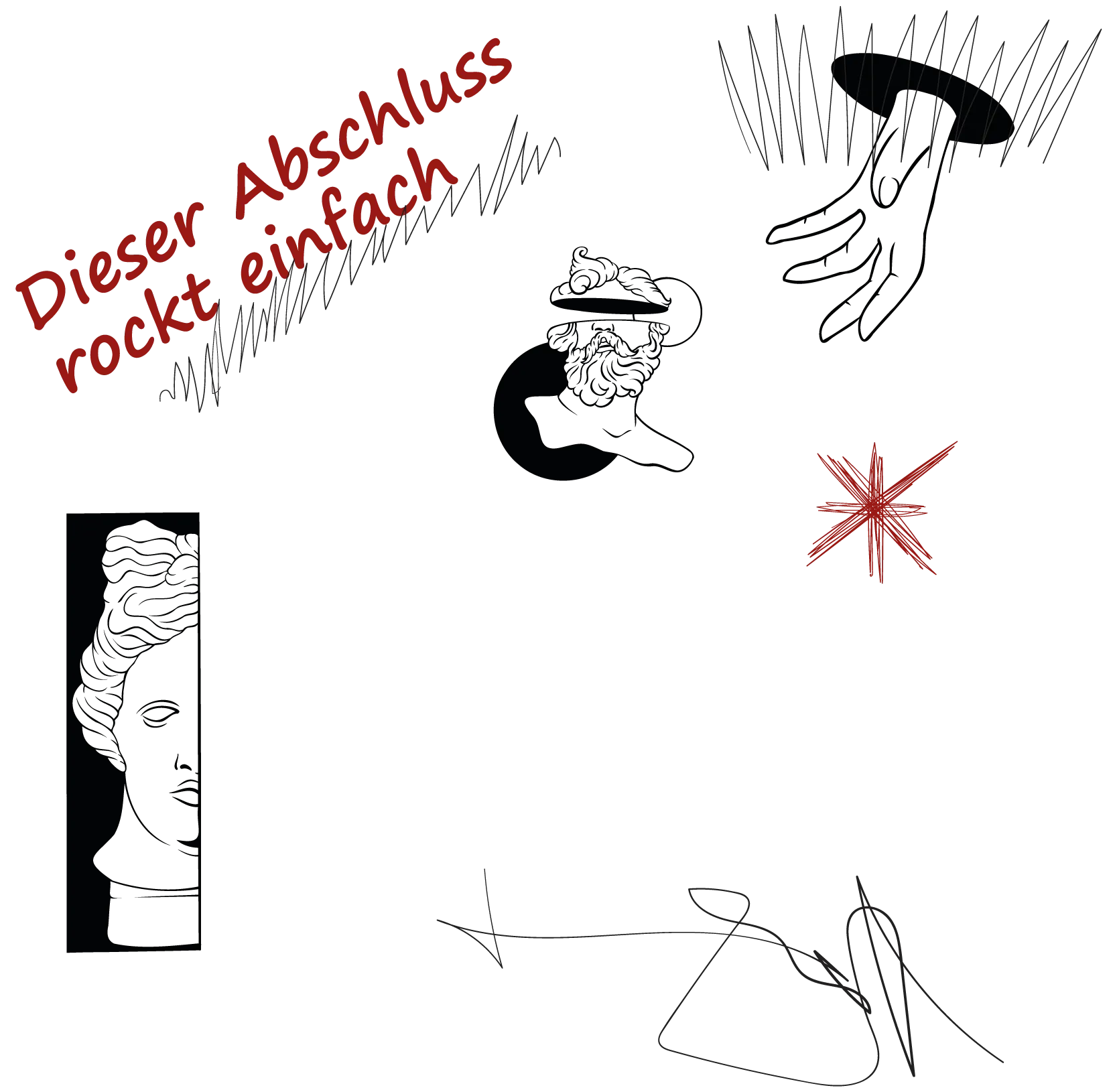 Schwarzer Hintergrund mit roter Aufschrift Dieser Abschluss rockt einfach und Skizzen von Doktorhut Tassel Ausweisfoto Sternsymbol