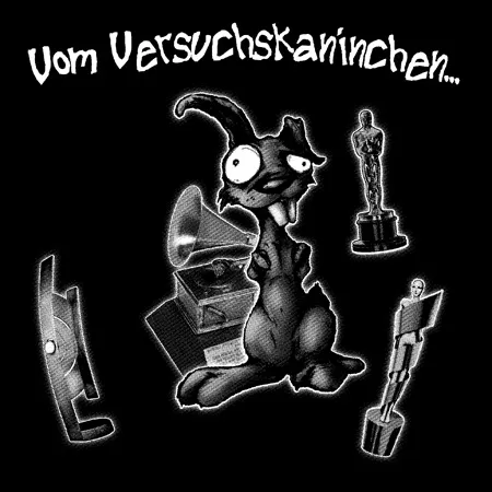 Karikatur eines Kaninchens umgeben von Oscars, Lautsprecher und Filmrollen.