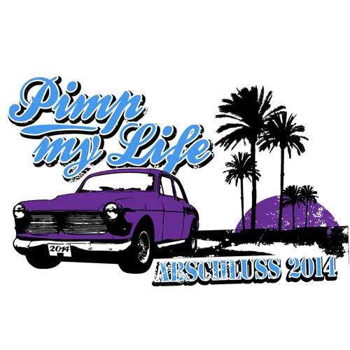 t-Shirt-Design mit lila altem Auto und Palmen vor Sonnenuntergang, Text "Pimp my Life, Abschluss 2014".