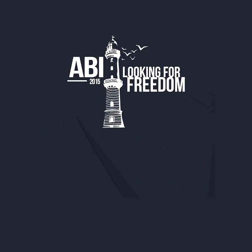 Grafik eines Leuchtturms mit "ABI 2015" und "Looking for Freedom" auf dunklem Hintergrund.