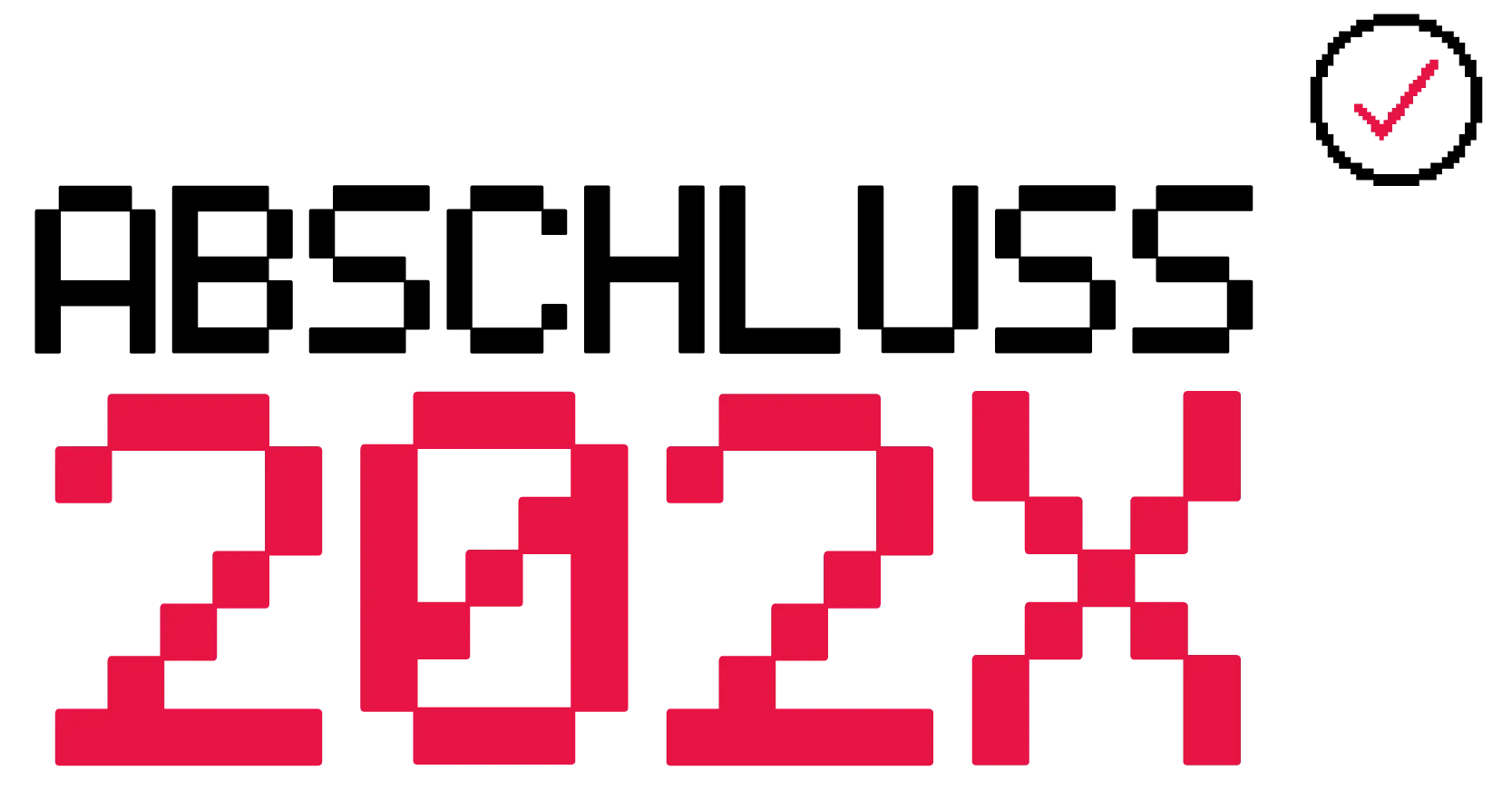 Pixelige rote Zahl 202X auf schwarzem Hintergrund mit kleinem roten Haken oben rechts