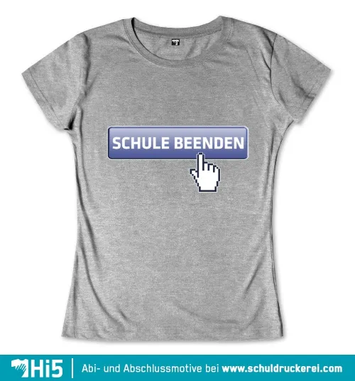 Grauer Hintergrund mit blauem Button, der "SCHULE BEENDEN" und ein Mausklick-Symbol zeigt.