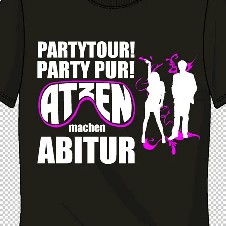 Schwarzes T-Shirt mit weißer und pinker Grafik von tanzenden Menschen und Text "Party Pur! Ätzen machen Abitur".