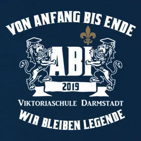 Dunkelblaues T-Shirt-Design mit zwei Löwen, die die Buchstaben AB halten, Text "Von Anfang bis Ende. Wir bleiben Legende" und "2019".
