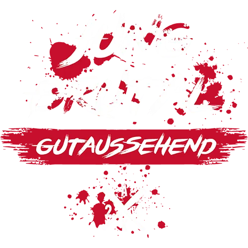 Schwarzes T-Shirt mit "Jung Brutal Gutaussehend" Text in Weiß und Rot, Blutspritzer-Motiv.