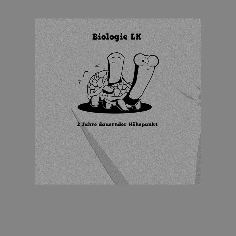 Anthropomorphe Darstellung einer Zelle und eines Virus auf grauem Hintergrund mit Text "Biologie LK, 2 Jahre dauernder Höhepunkt".