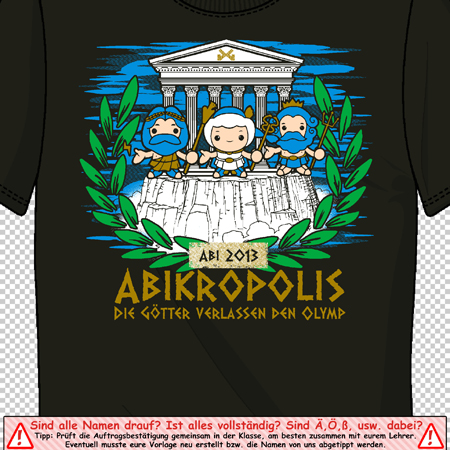 Illustration auf einem T-Shirt mit dem Text "Abikropolis Die Götter verlassen den Olymp" und vier Cartoon-Figuren in einer griechischen Tempelumgebung.