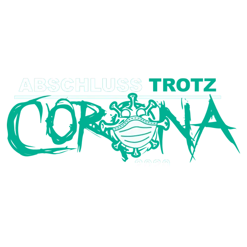 Grauer Hintergrund mit Text "Abschluss trotz Corona 2020" und einer Maske im Design.