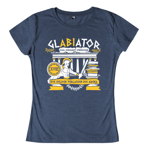 Graues T-Shirt mit weiß-gelbem Gladiator-Design, Text "GLADIATOR LIVE" und "Die Helden verlassen die Arena".