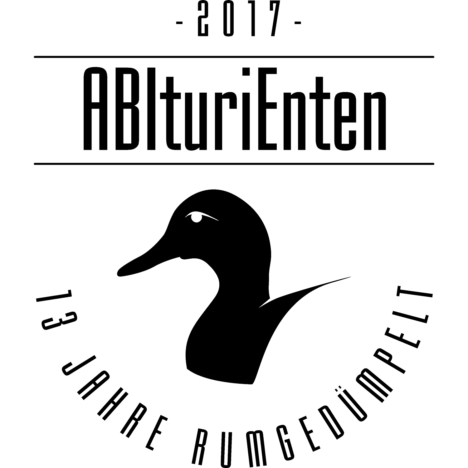 Schwarze Enten-Silhouette mit Text "AbituriEnten", "2017", "13 Jahre rumgeduempelt" in Weiß.