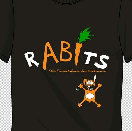 Schwarzes T-Shirt mit "RABITS"-Schriftzug und Cartoon-Kaninchen.